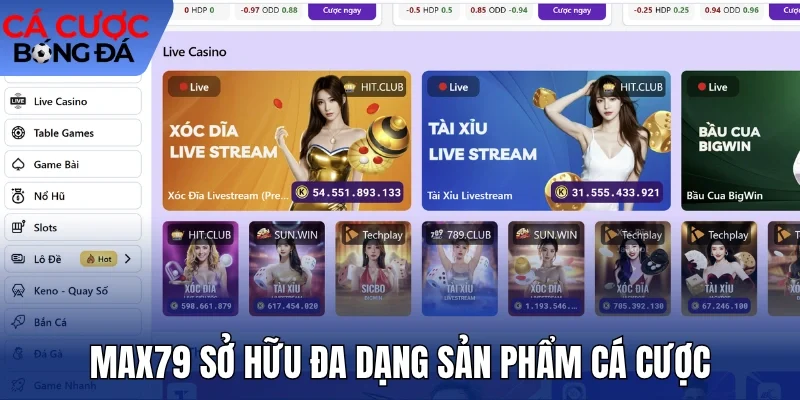 Max79 sở hữu đa dạng sản phẩm cá cược